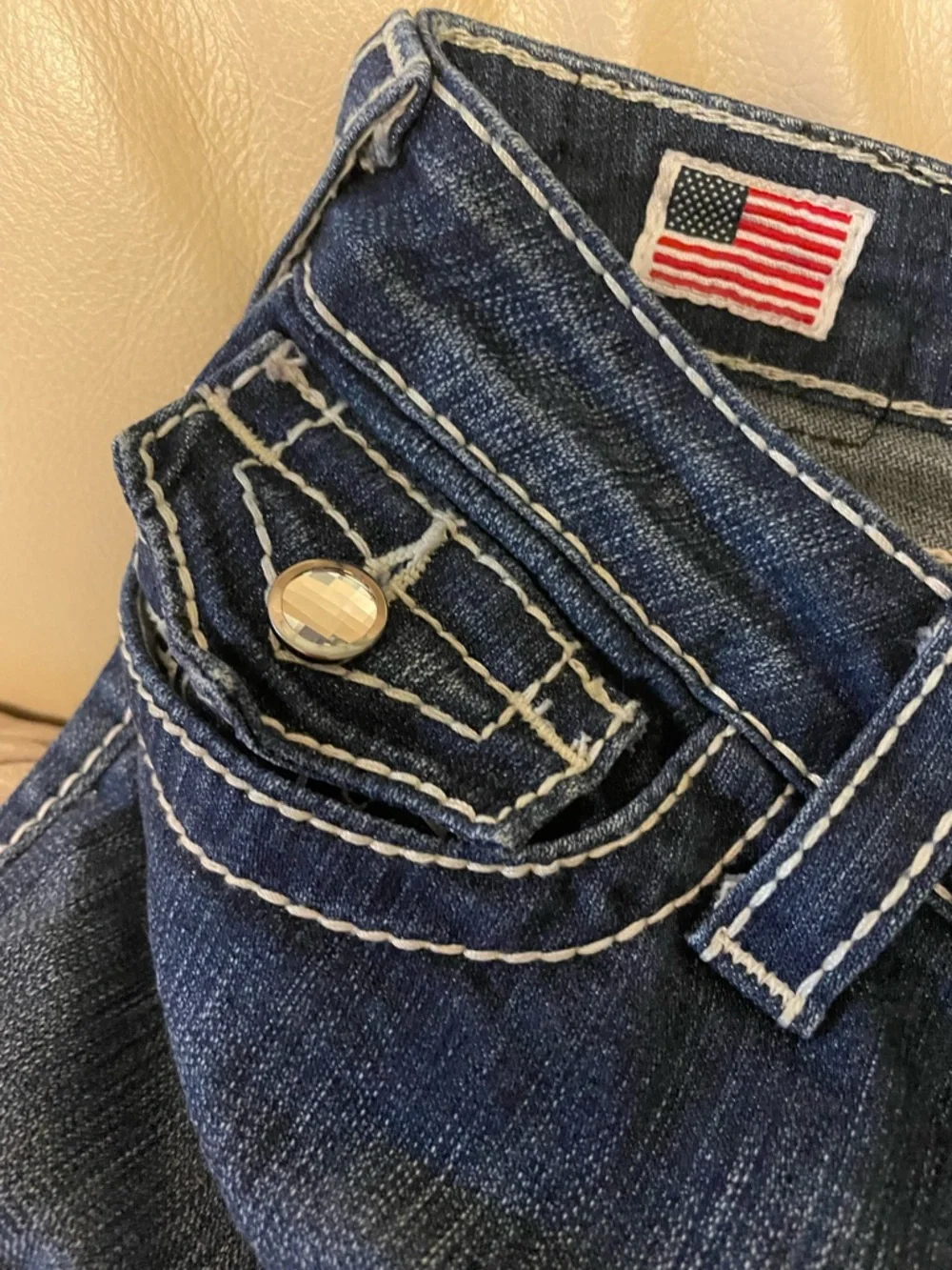 True Religion Dark Indigo Jeans with White Stitching - Picture 4 of 9